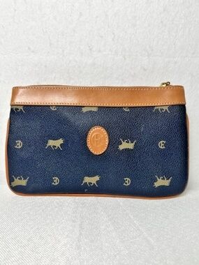 VTG Roberto y Pepo Merida Monogram Bull Print Cosmetic Pouch Navy w Leather Trim